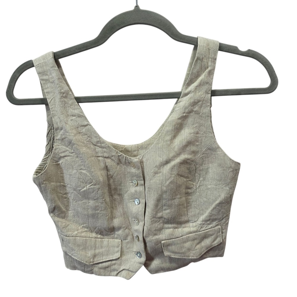 Sovere Linen Vest Womens XS Beige Button Front Cropped Waistcoat Coastal Boho